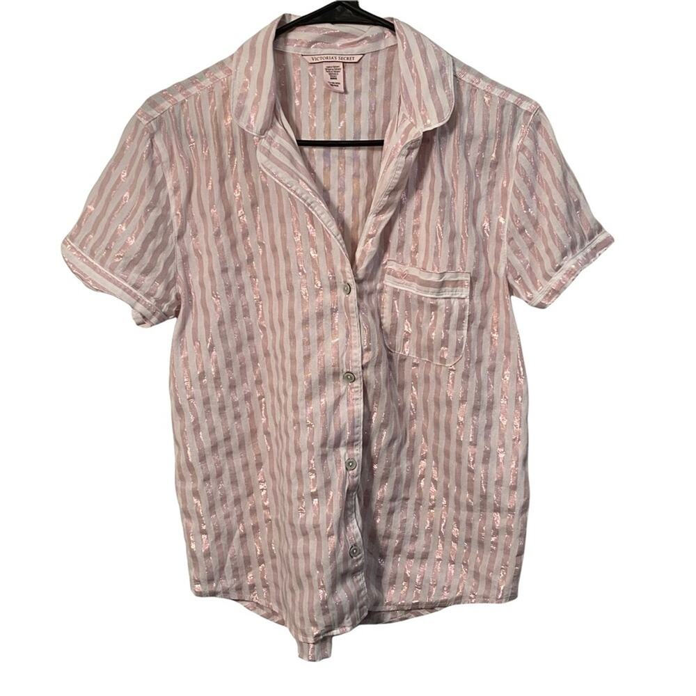 Victorias Secret Lame' Stripe Button Down Classic Night Shirt Pink XS